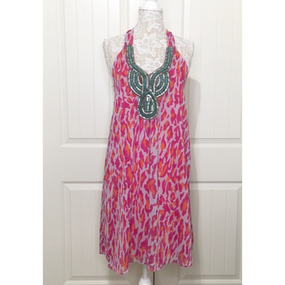 Boston Proper Pink Leopard Halter Tie Dress